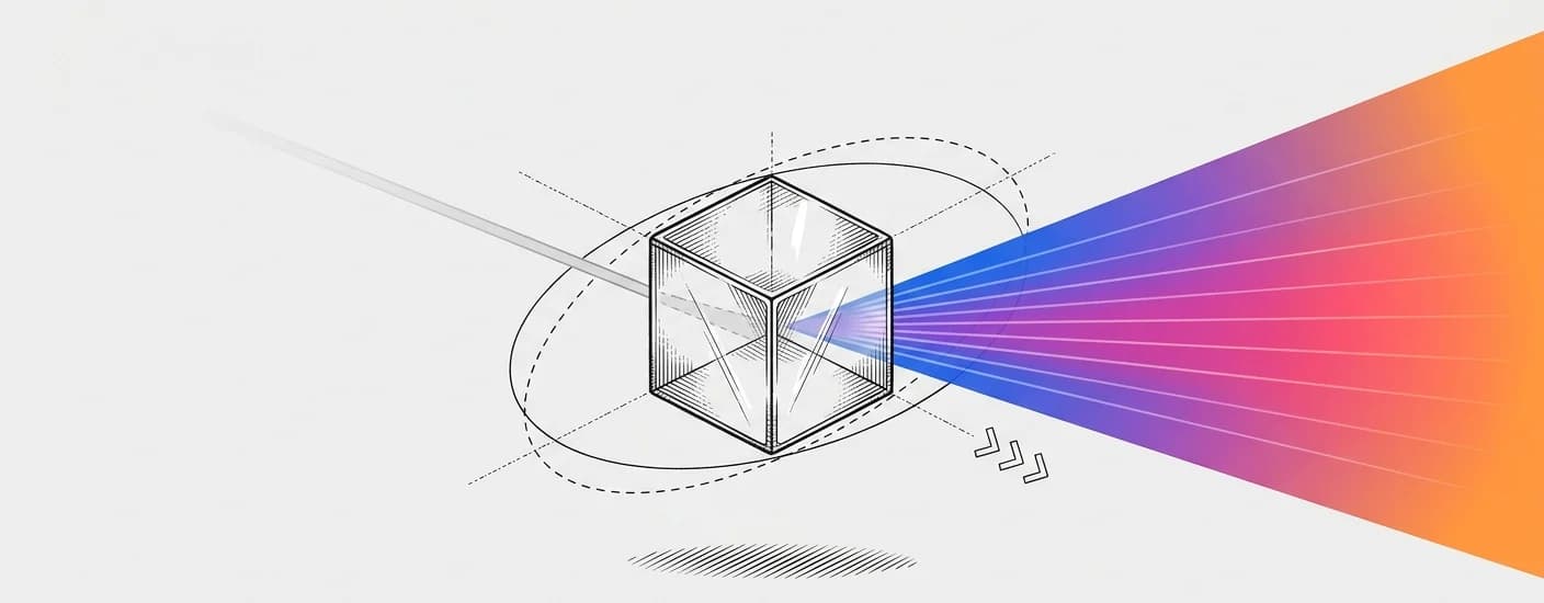 Line drawing of a glass cube that turns a beam of light into the SinarCloud dawn colours